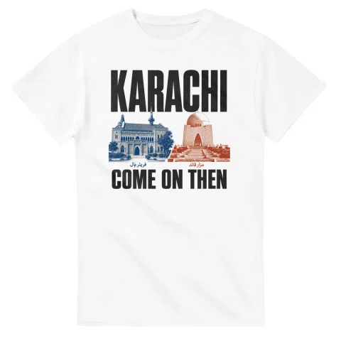 Two-colour scenic illustration for Karachi, with the place name and COME ON THEN lettering.