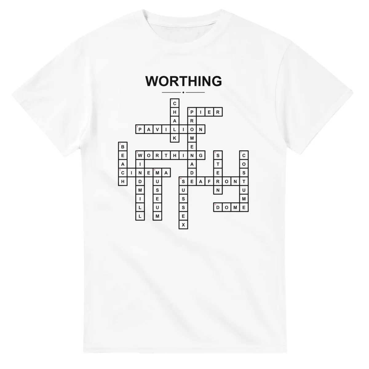 Monochrome crossword sheet for Worthing, with a large place-name heading, a letter grid, and numbered across and down clues.