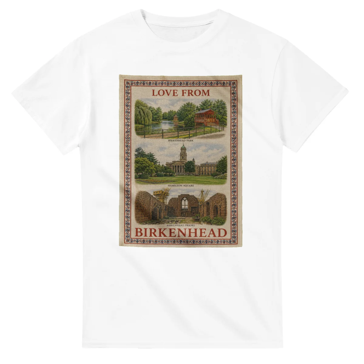 Framed scenic design for Birkenhead, with several local views, a decorative border and LOVE FROM lettering.