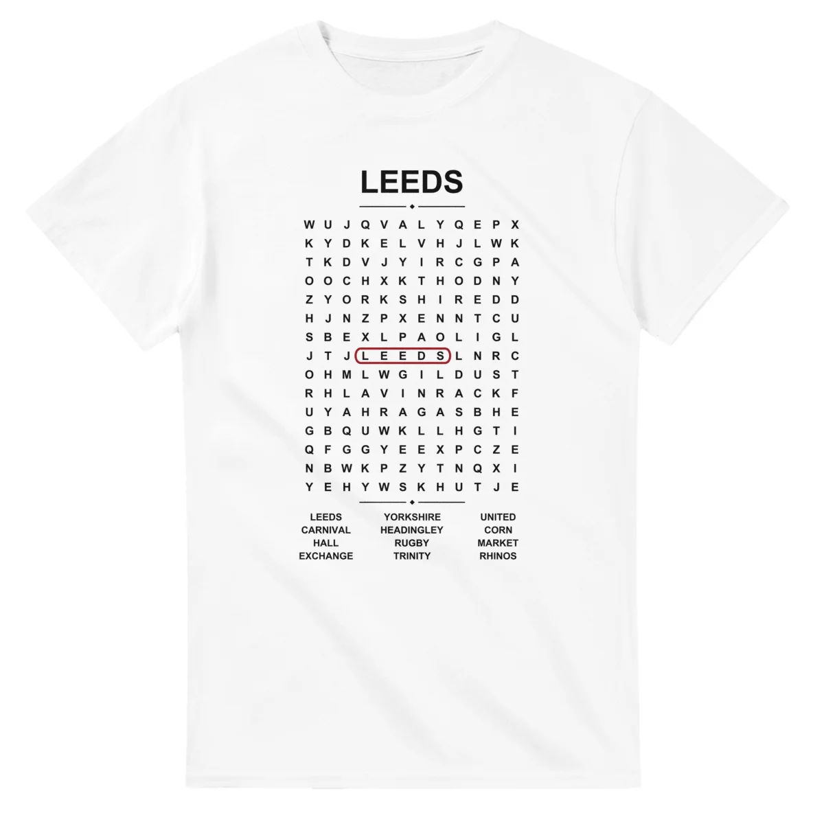 Word-search sheet for Leeds, with a large place-name heading, a letter grid, a local answer list, and a red highlighted example word.