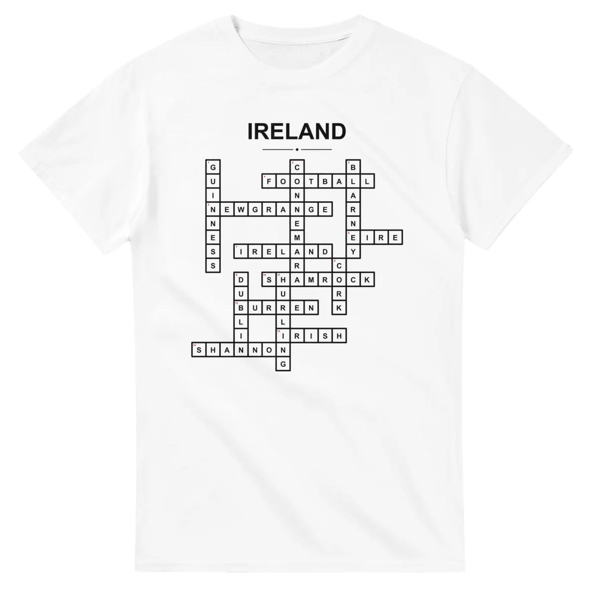 Monochrome crossword sheet for Ireland, with a large place-name heading, a letter grid, and numbered across and down clues.