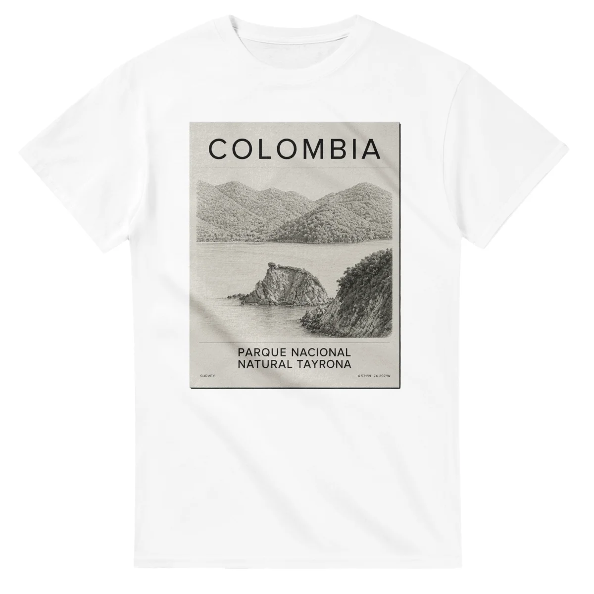 Fine-line engraving-style drawing for Colombia, with a landmark caption and small coordinate text.