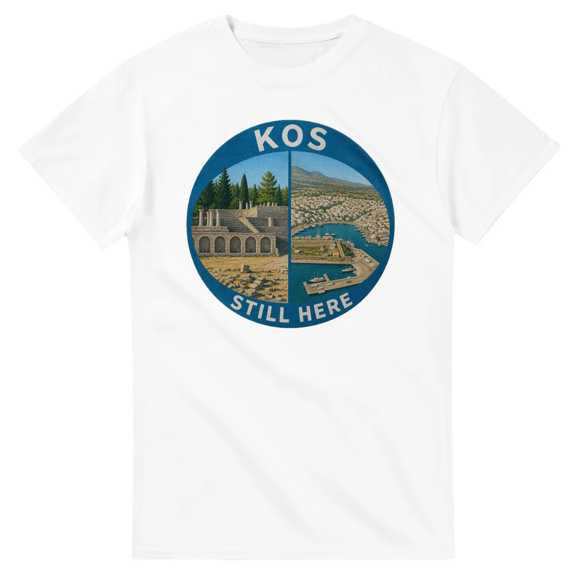 Painted, panelled scenic illustration for Kos, with paired local scenes and the place name in lettering.