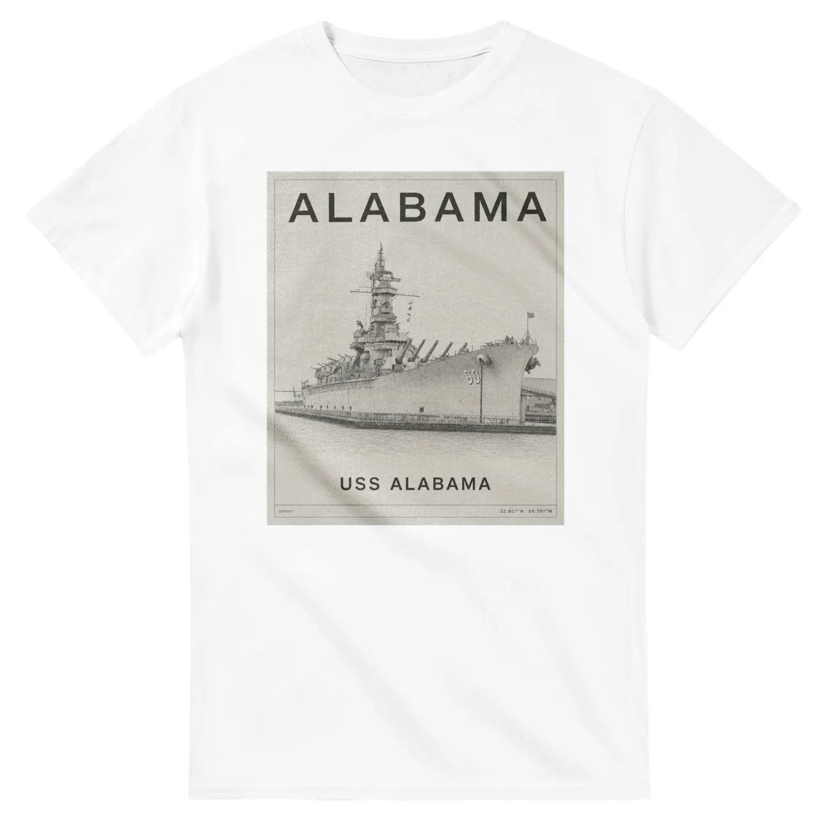 Fine-line engraving-style drawing for Alabama, with a landmark caption and small coordinate text.