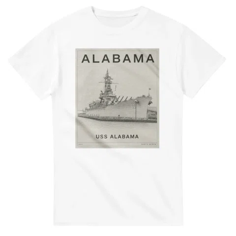 Fine-line engraving-style drawing for Alabama, with a landmark caption and small coordinate text.