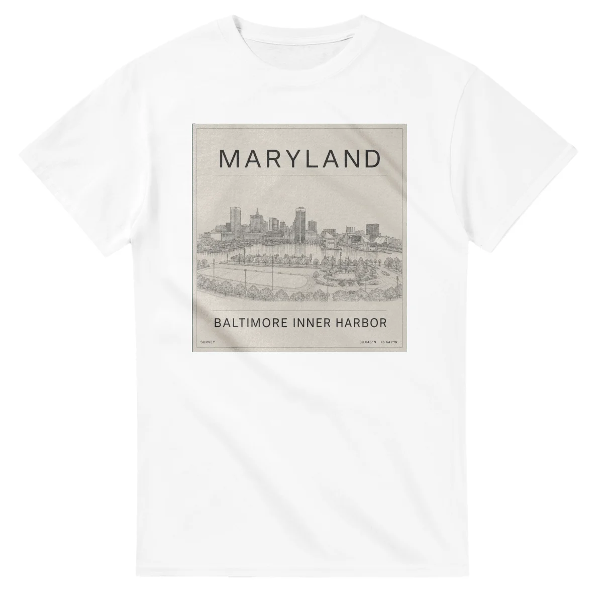 Fine-line engraving-style drawing for Maryland, with a landmark caption and small coordinate text.