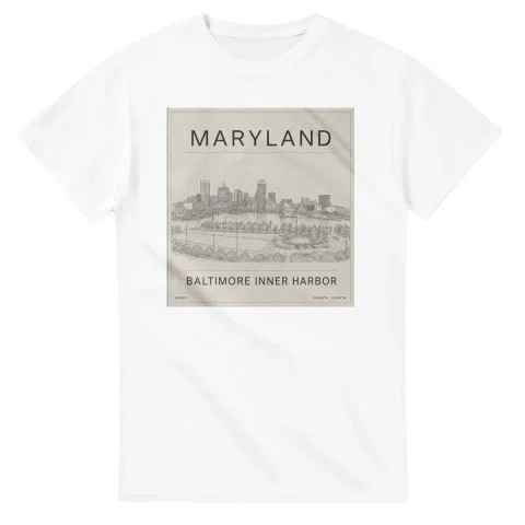 Fine-line engraving-style drawing for Maryland, with a landmark caption and small coordinate text.