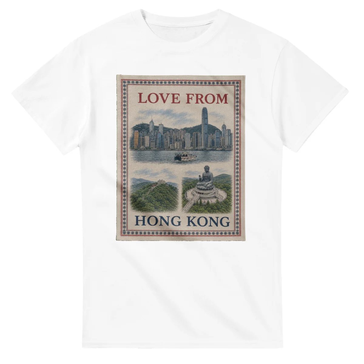 Framed scenic design for Hong Kong, with several local views, a decorative border and LOVE FROM lettering.
