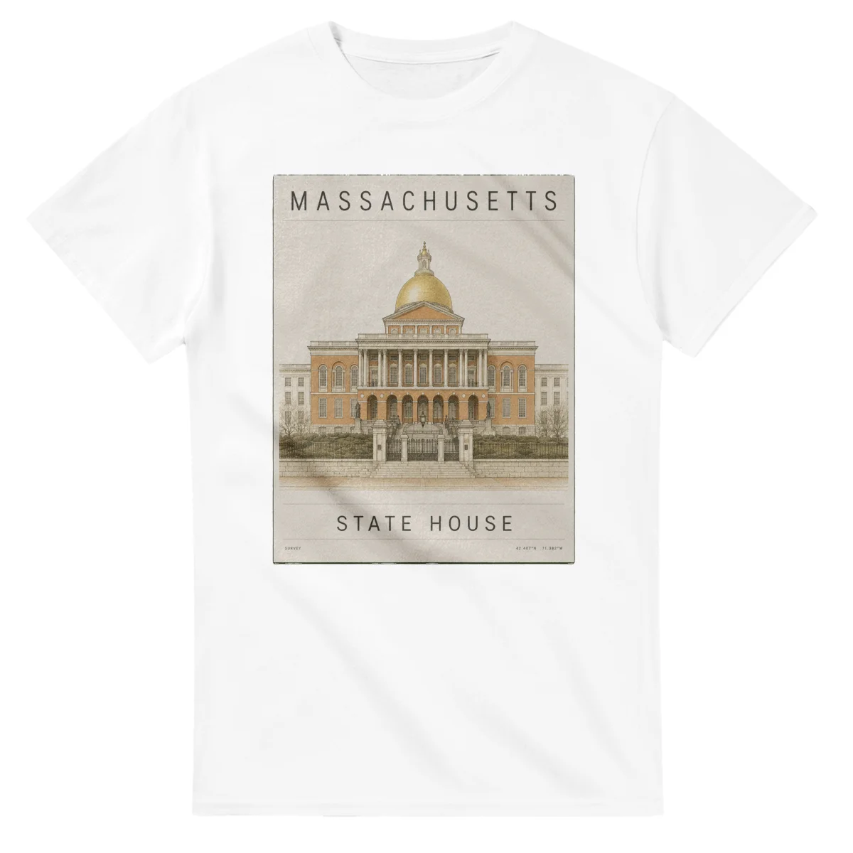 Fine-line engraving-style drawing for Massachusetts, with a landmark caption and small coordinate text.