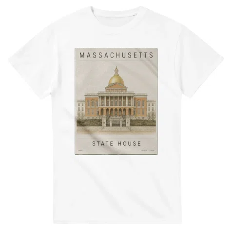 Fine-line engraving-style drawing for Massachusetts, with a landmark caption and small coordinate text.
