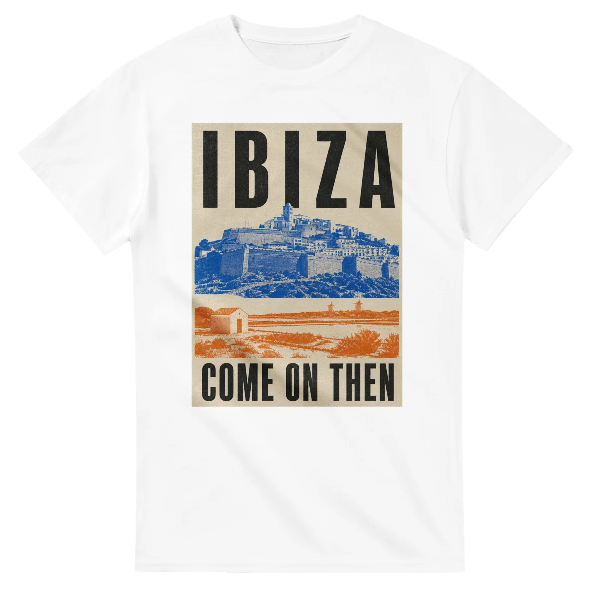 Two-colour scenic illustration for Ibiza, with the place name and COME ON THEN lettering.