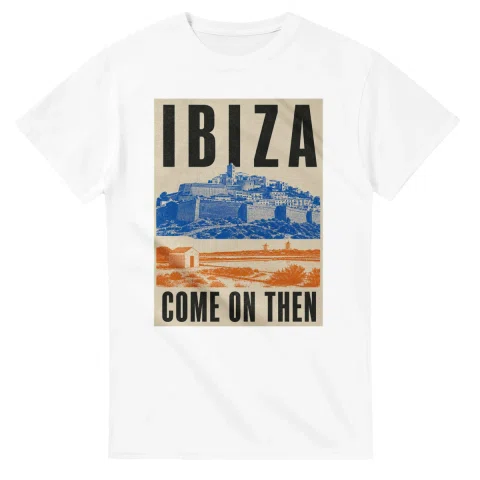 Two-colour scenic illustration for Ibiza, with the place name and COME ON THEN lettering.