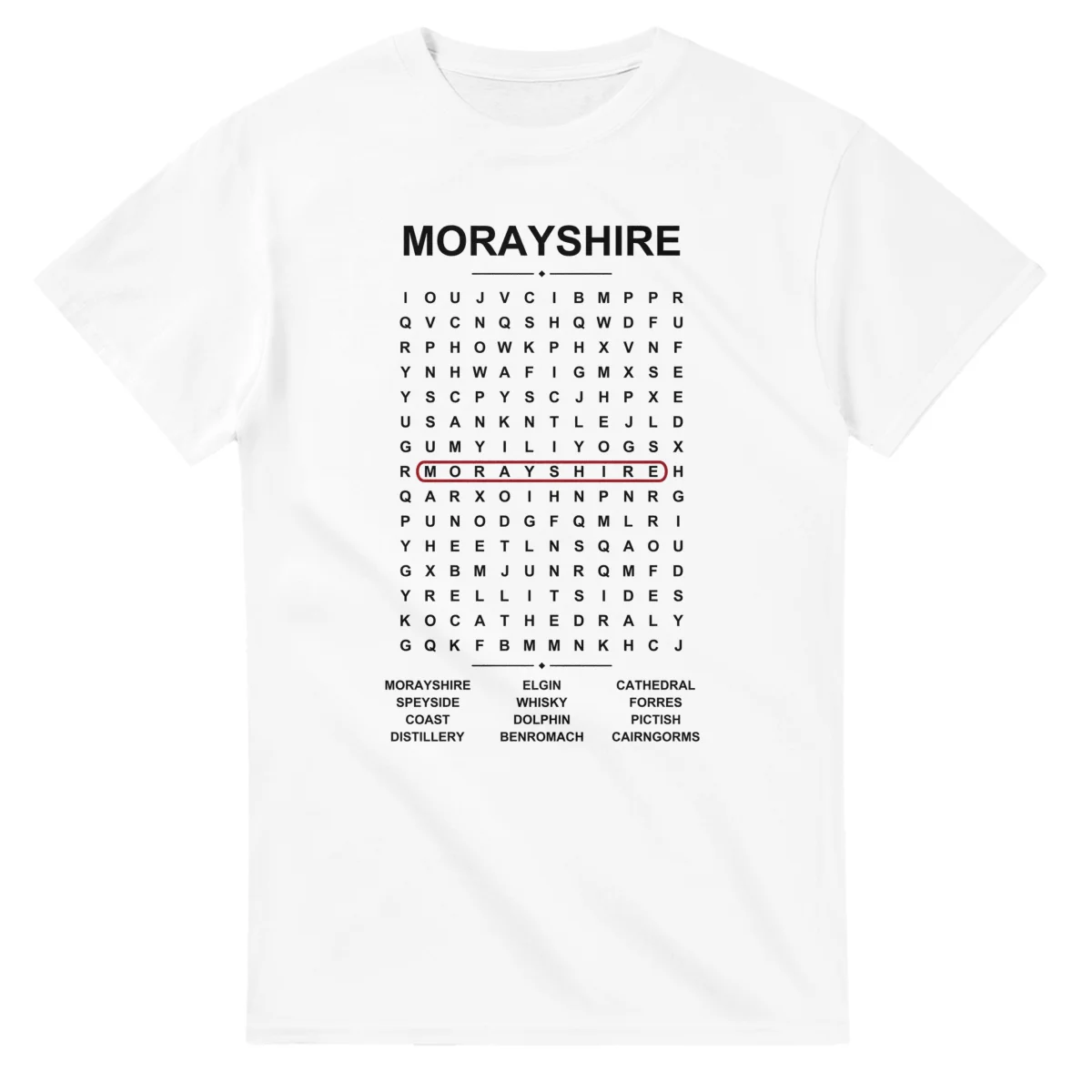 Word-search sheet for Morayshire, with a large place-name heading, a letter grid, a local answer list, and a red highlighted example word.