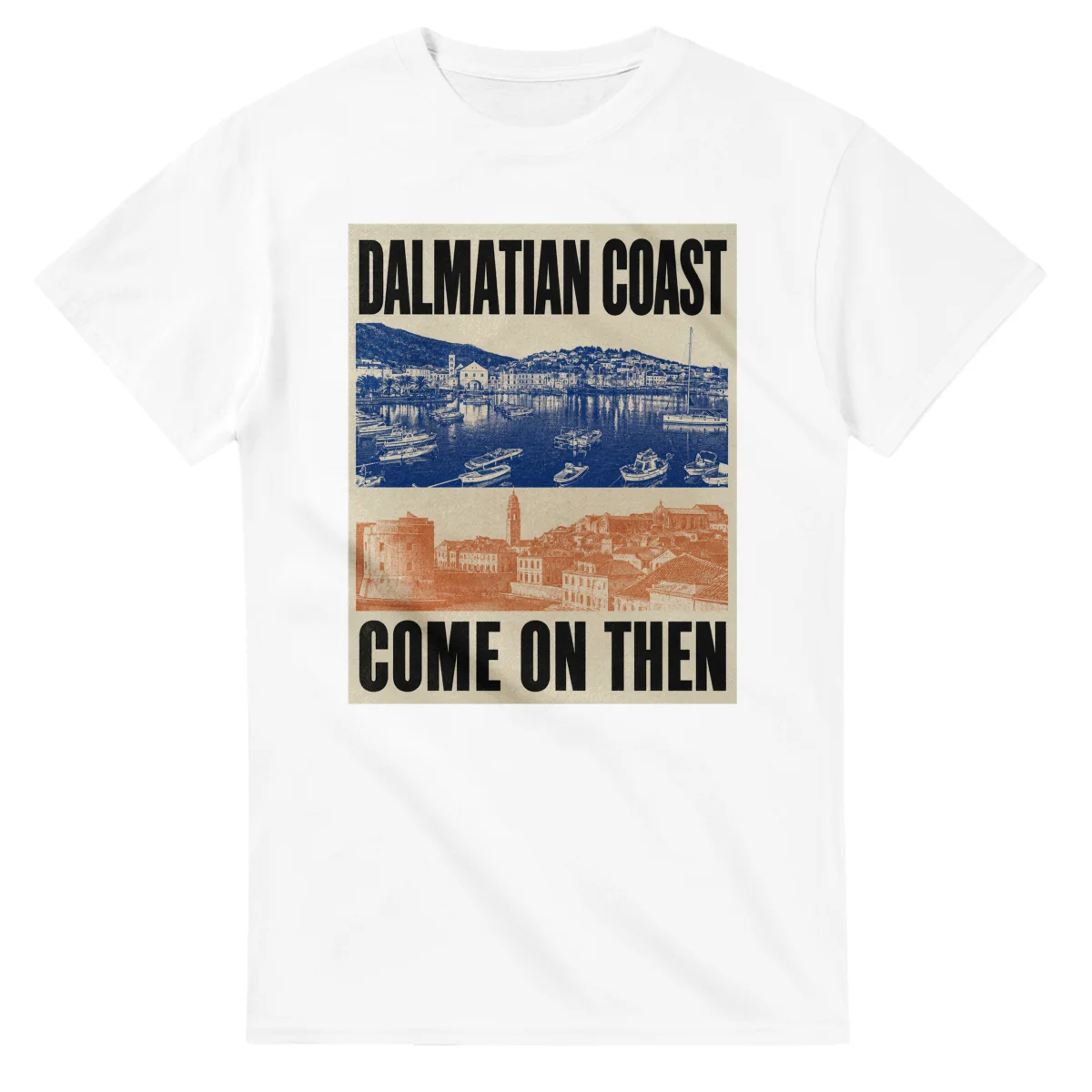 Two-colour scenic illustration for Dalmatian Coast, with the place name and COME ON THEN lettering.