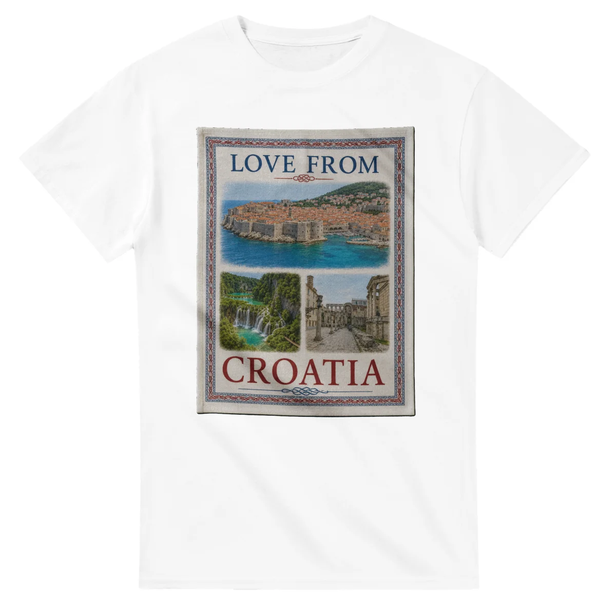 Framed scenic design for Croatia, with several local views, a decorative border and LOVE FROM lettering.