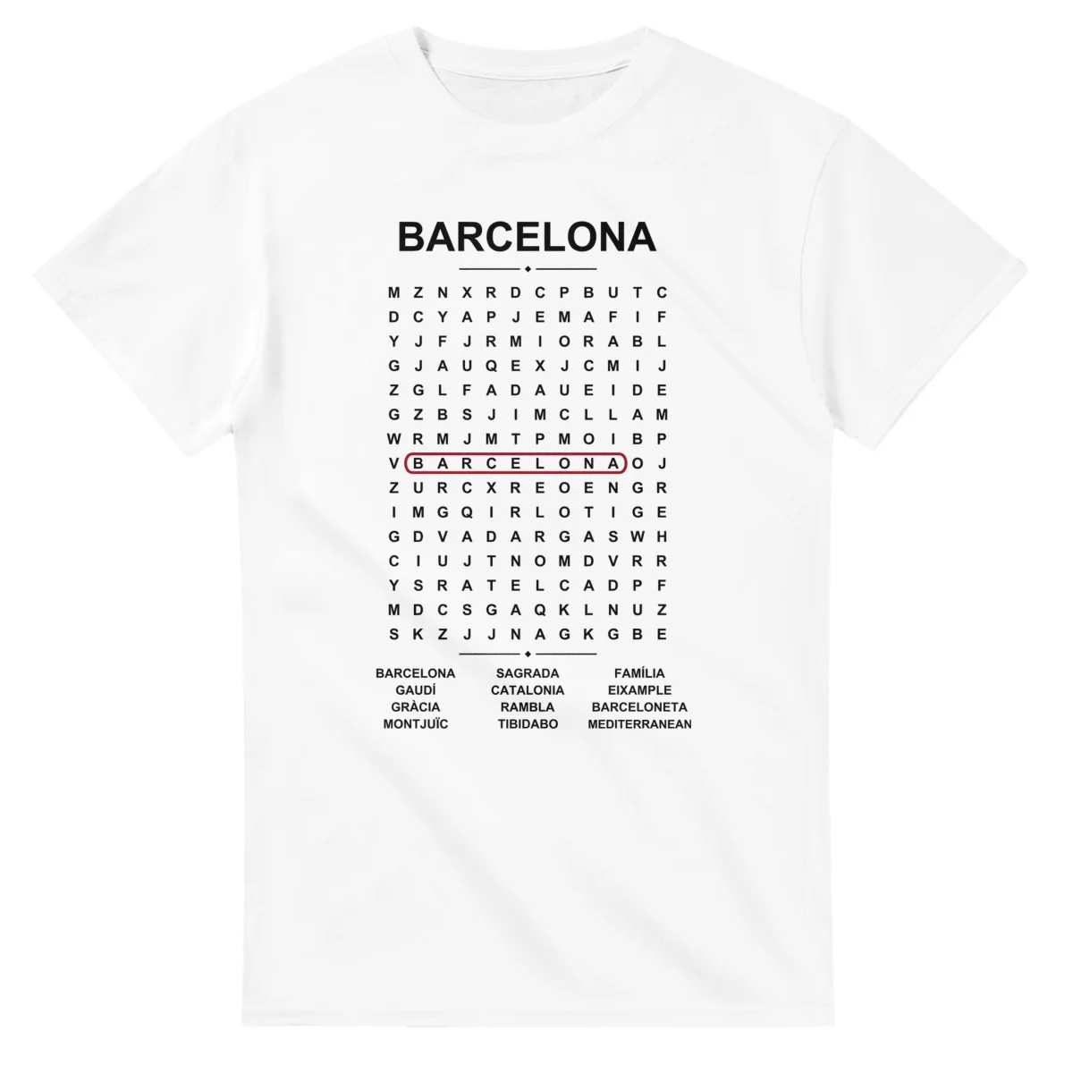 Word-search sheet for Barcelona, with a large place-name heading, a letter grid, a local answer list, and a red highlighted example word.