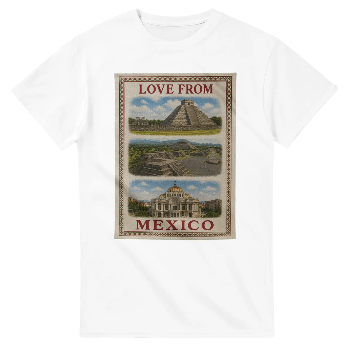 Framed scenic design for Mexico, with several local views, a decorative border and LOVE FROM lettering.