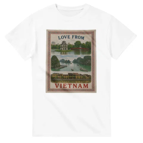 Framed scenic design for Vietnam, with several local views, a decorative border and LOVE FROM lettering.