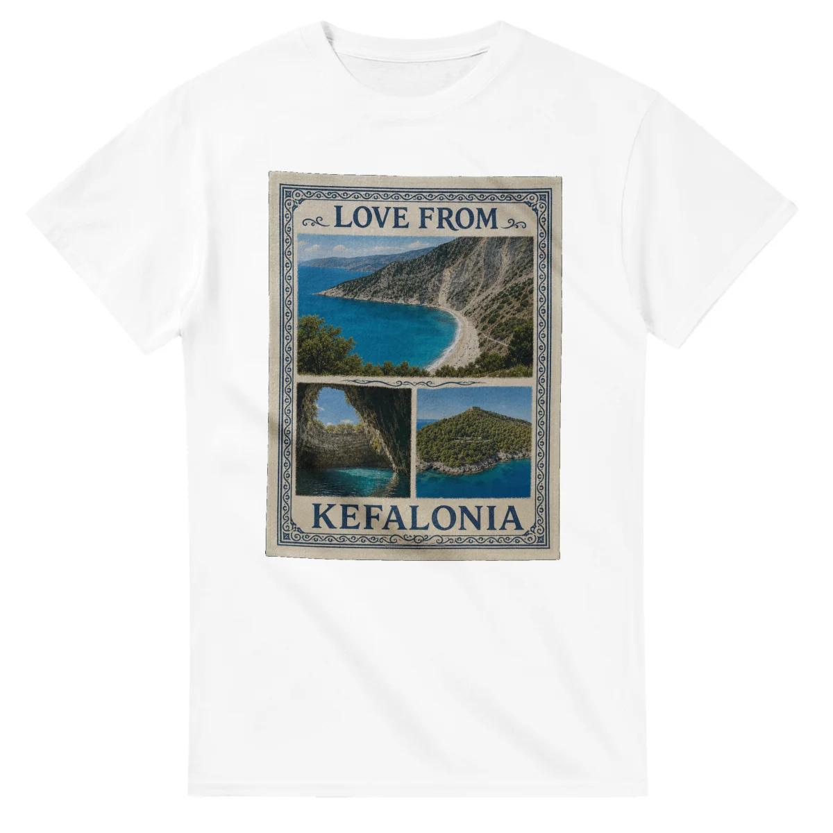 Framed scenic design for Kefalonia, with several local views, a decorative border and LOVE FROM lettering.