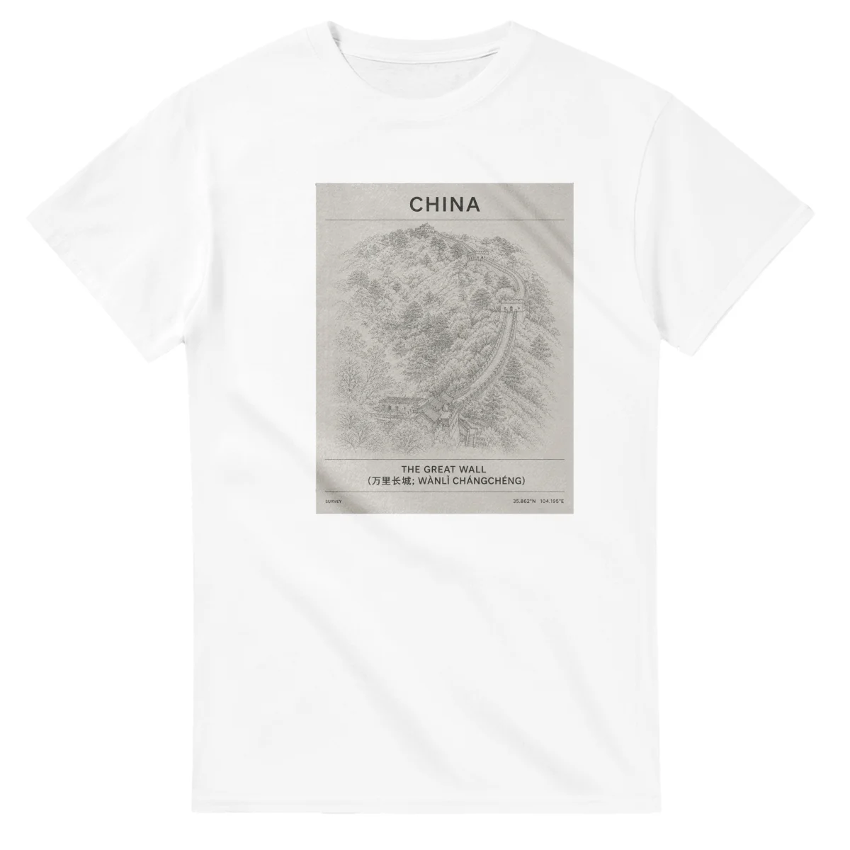 Fine-line engraving-style drawing for China, with a landmark caption and small coordinate text.