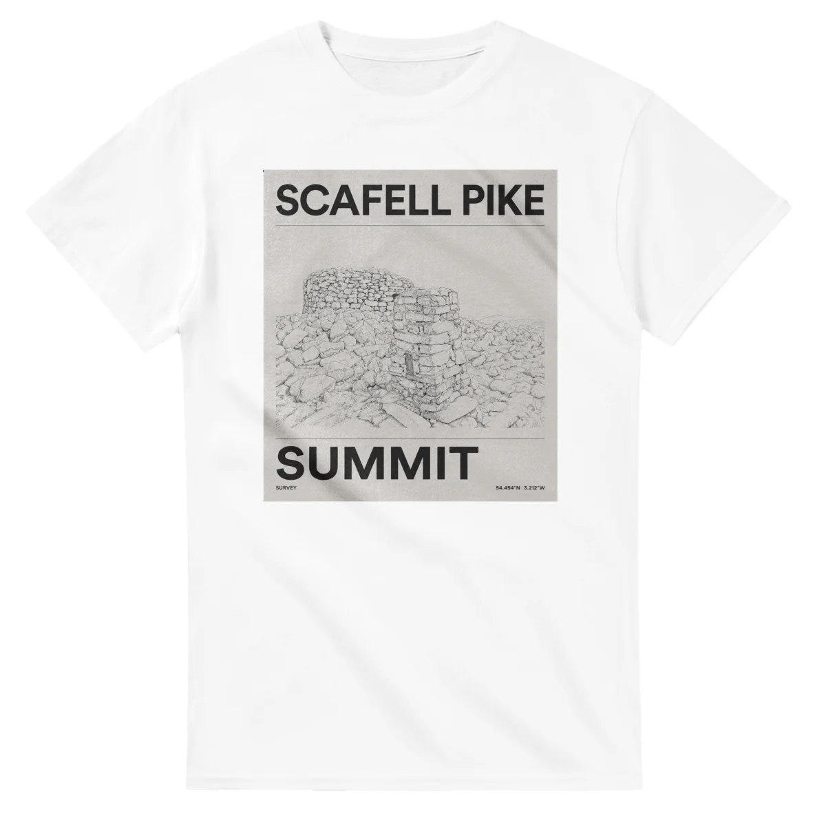Fine-line engraving-style drawing for Scafell Pike, with a landmark caption and small coordinate text.