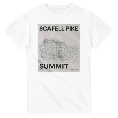 Fine-line engraving-style drawing for Scafell Pike, with a landmark caption and small coordinate text.