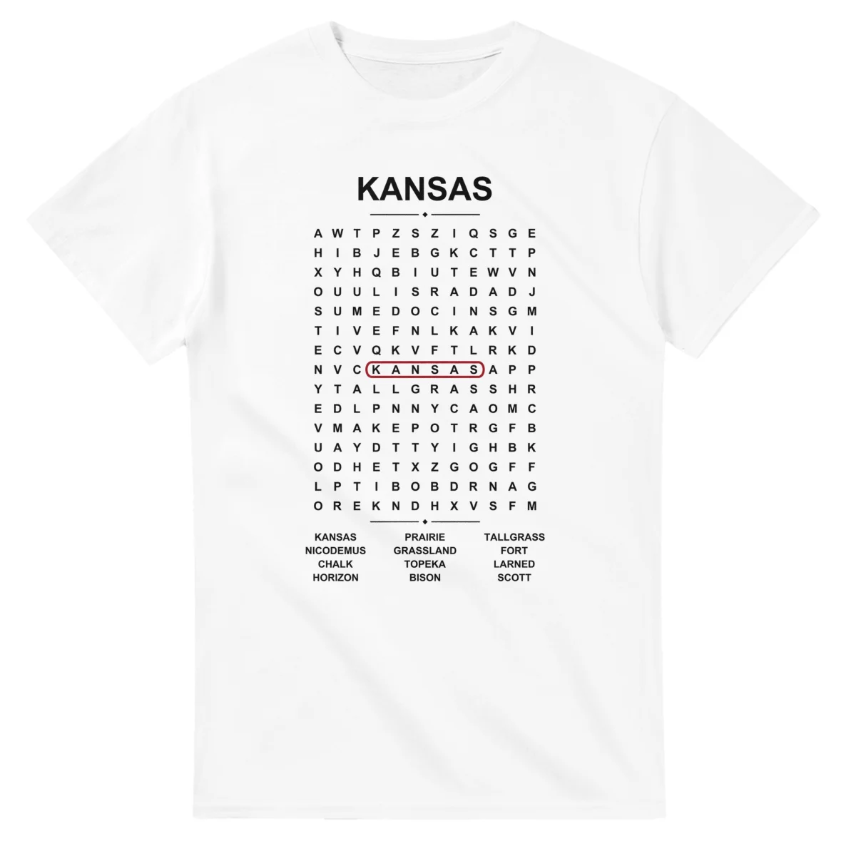 Word-search sheet for Kansas, with a large place-name heading, a letter grid, a local answer list, and a red highlighted example word.