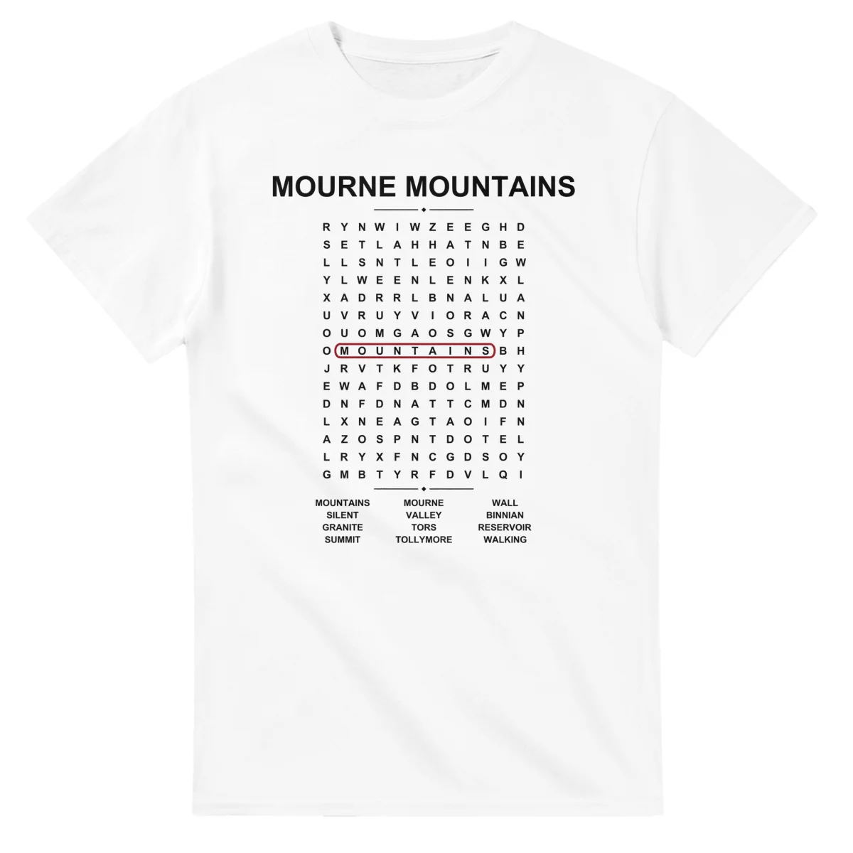Word-search sheet for Mourne Mountains, with a large place-name heading, a letter grid, a local answer list, and a red highlighted example word.