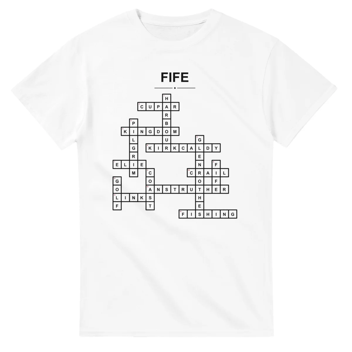 Monochrome crossword sheet for Fife, with a large place-name heading, a letter grid, and numbered across and down clues.