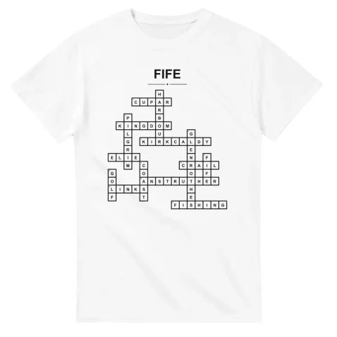 Monochrome crossword sheet for Fife, with a large place-name heading, a letter grid, and numbered across and down clues.