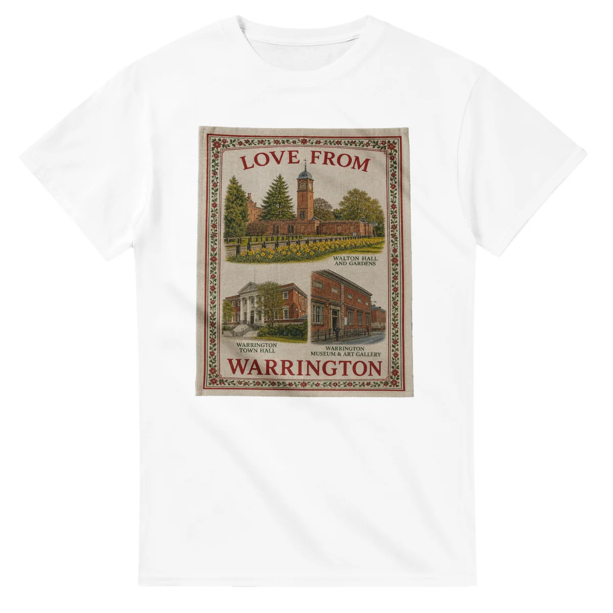 Framed scenic design for Warrington, with several local views, a decorative border and LOVE FROM lettering.