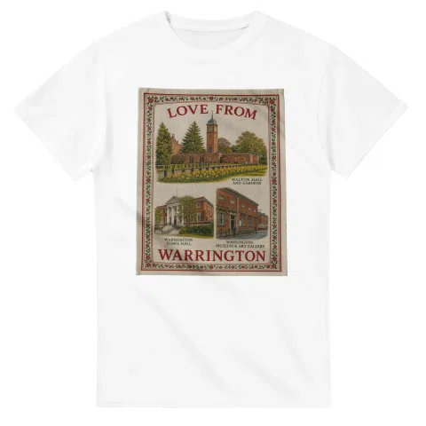 Framed scenic design for Warrington, with several local views, a decorative border and LOVE FROM lettering.