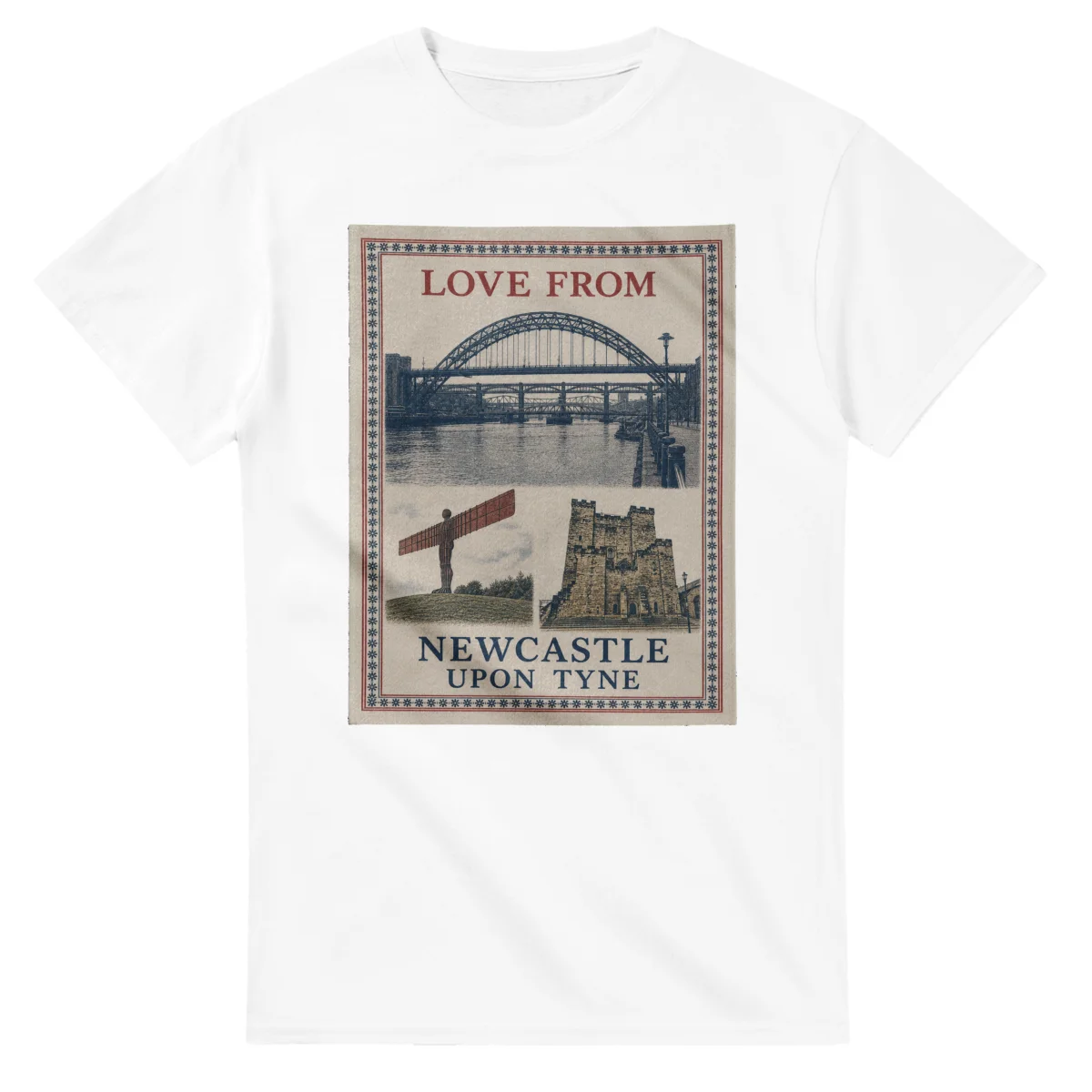 Framed scenic design for Newcastle upon Tyne, with several local views, a decorative border and LOVE FROM lettering.