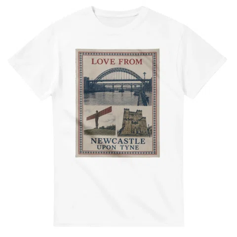 Framed scenic design for Newcastle upon Tyne, with several local views, a decorative border and LOVE FROM lettering.