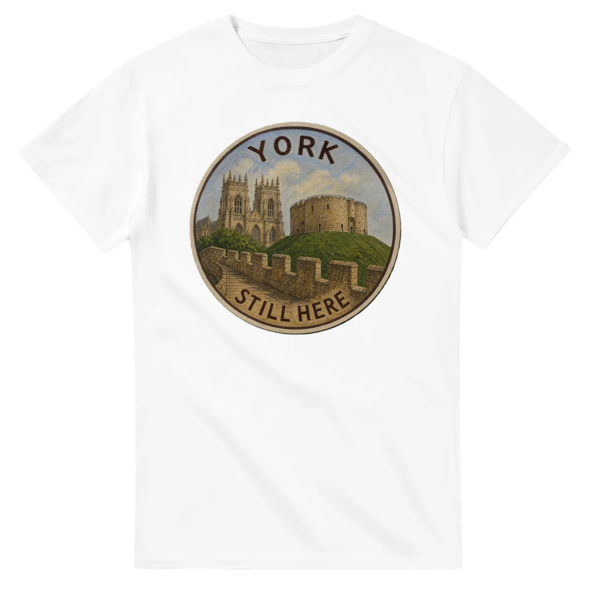 Painted, panelled scenic illustration for York, with paired local scenes and the place name in lettering.