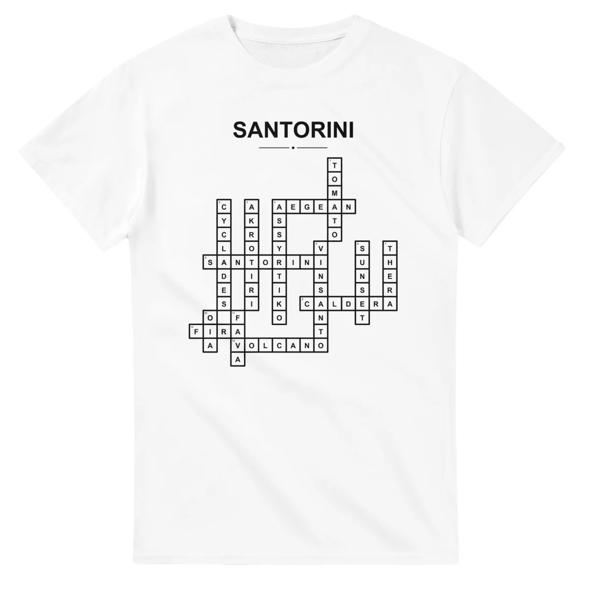 Monochrome crossword sheet for Santorini, with a large place-name heading, a letter grid, and numbered across and down clues.