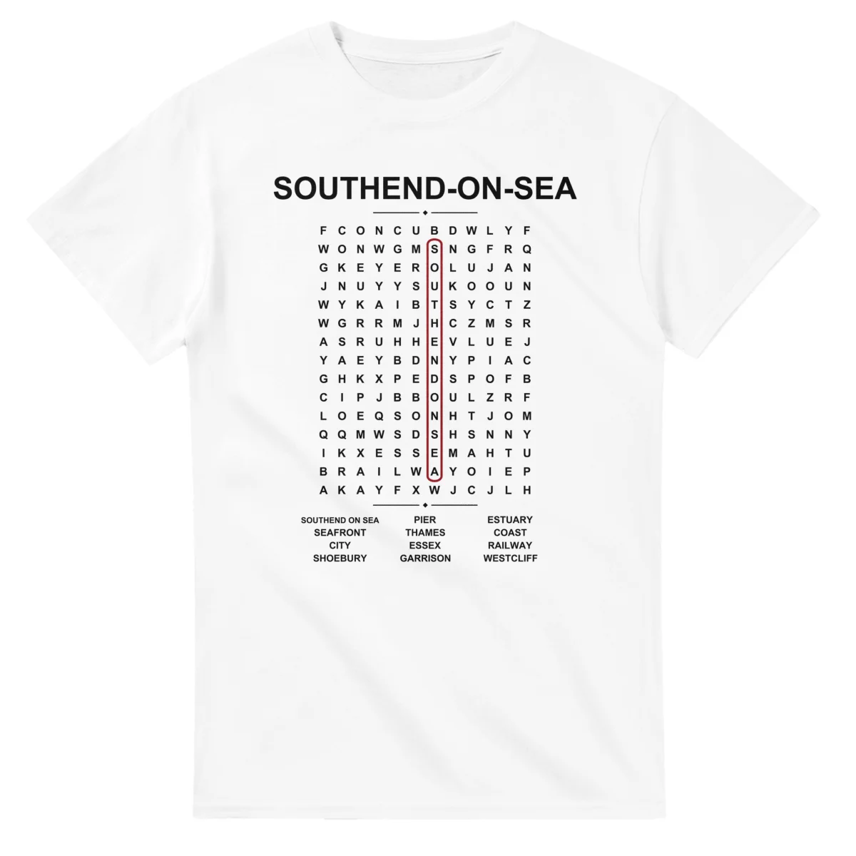 Word-search sheet for Southend-on-Sea, with a large place-name heading, a letter grid, a local answer list, and a red highlighted example word.