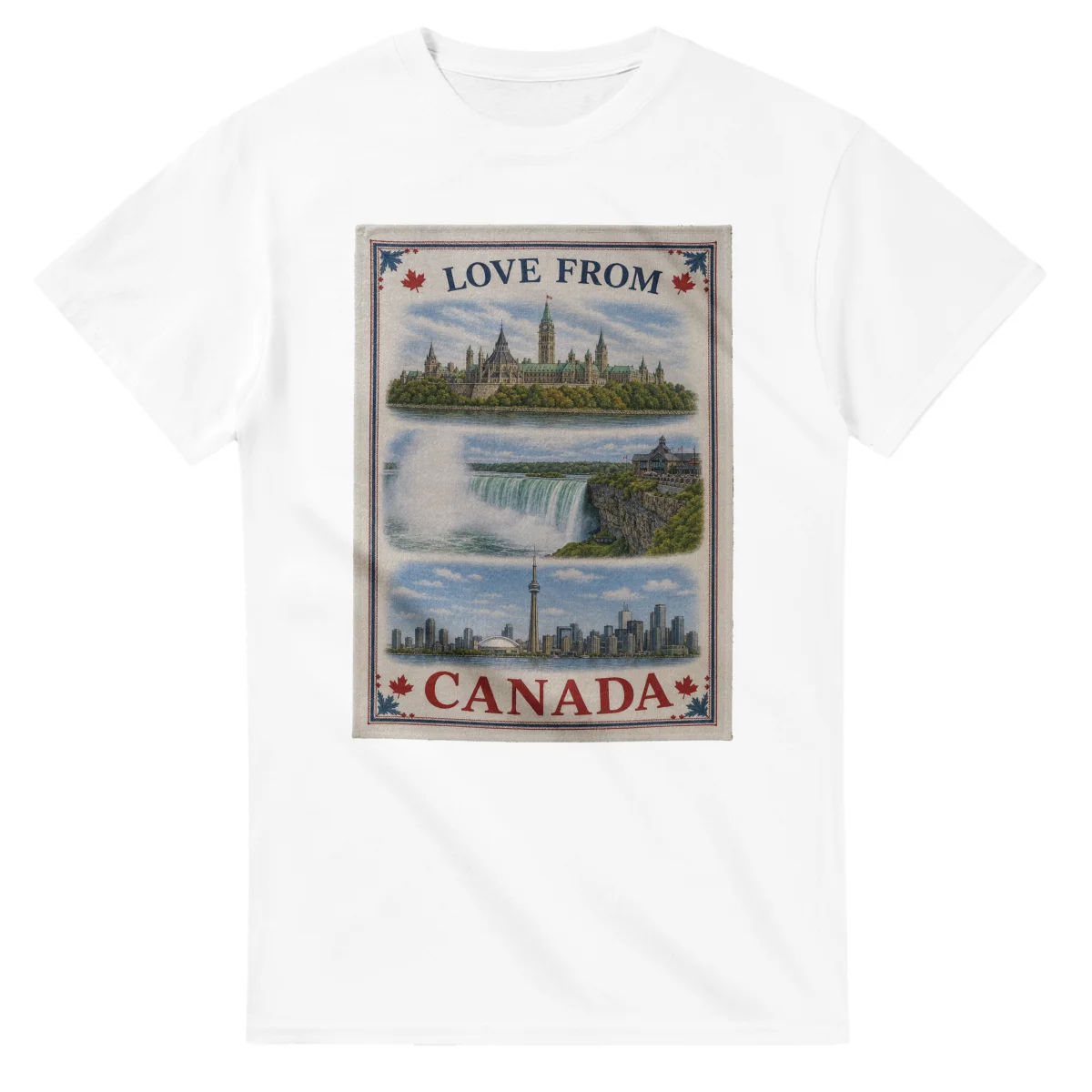 Framed scenic design for Canada, with several local views, a decorative border and LOVE FROM lettering.