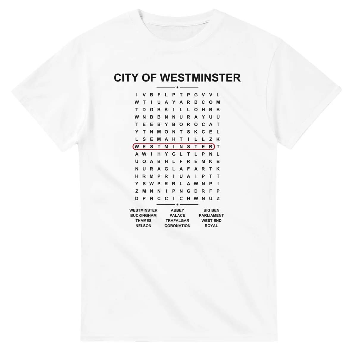 Word-search sheet for City of Westminster, with a large place-name heading, a letter grid, a local answer list, and a red highlighted example word.