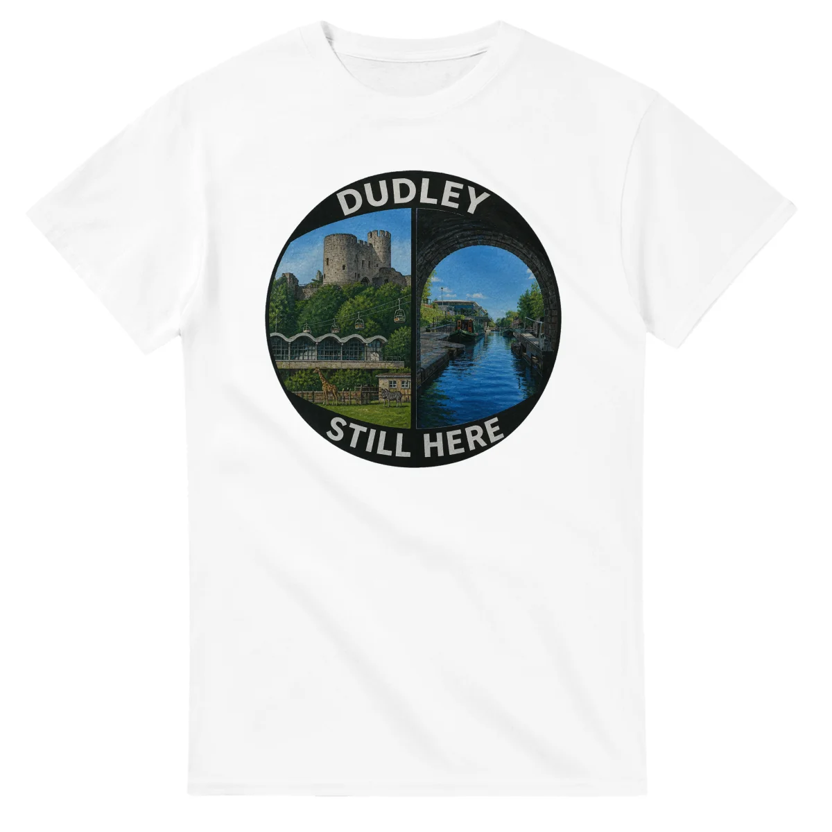 Painted, panelled scenic illustration for Dudley, with paired local scenes and the place name in lettering.
