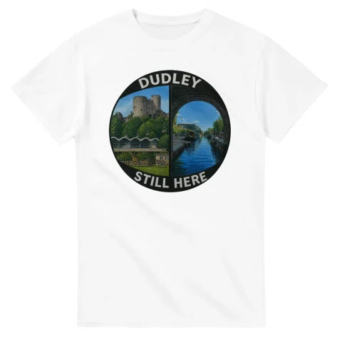 Painted, panelled scenic illustration for Dudley, with paired local scenes and the place name in lettering.