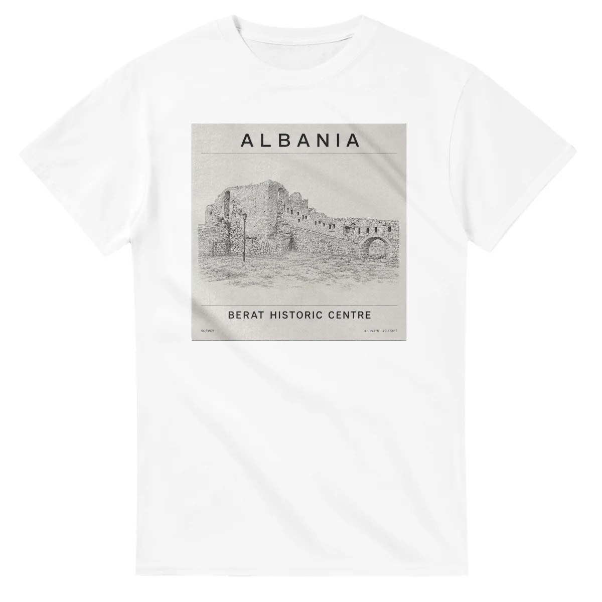 Fine-line engraving-style drawing for Albania, with a landmark caption and small coordinate text.