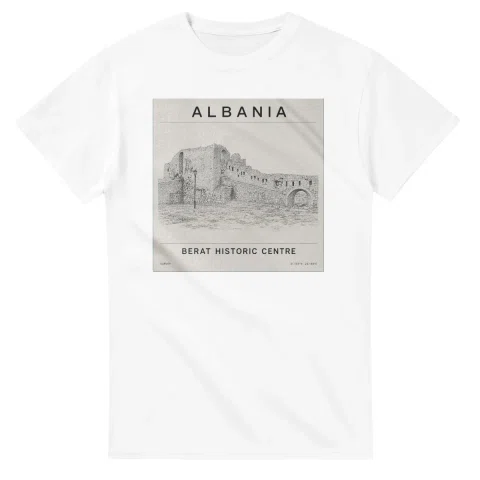 Fine-line engraving-style drawing for Albania, with a landmark caption and small coordinate text.