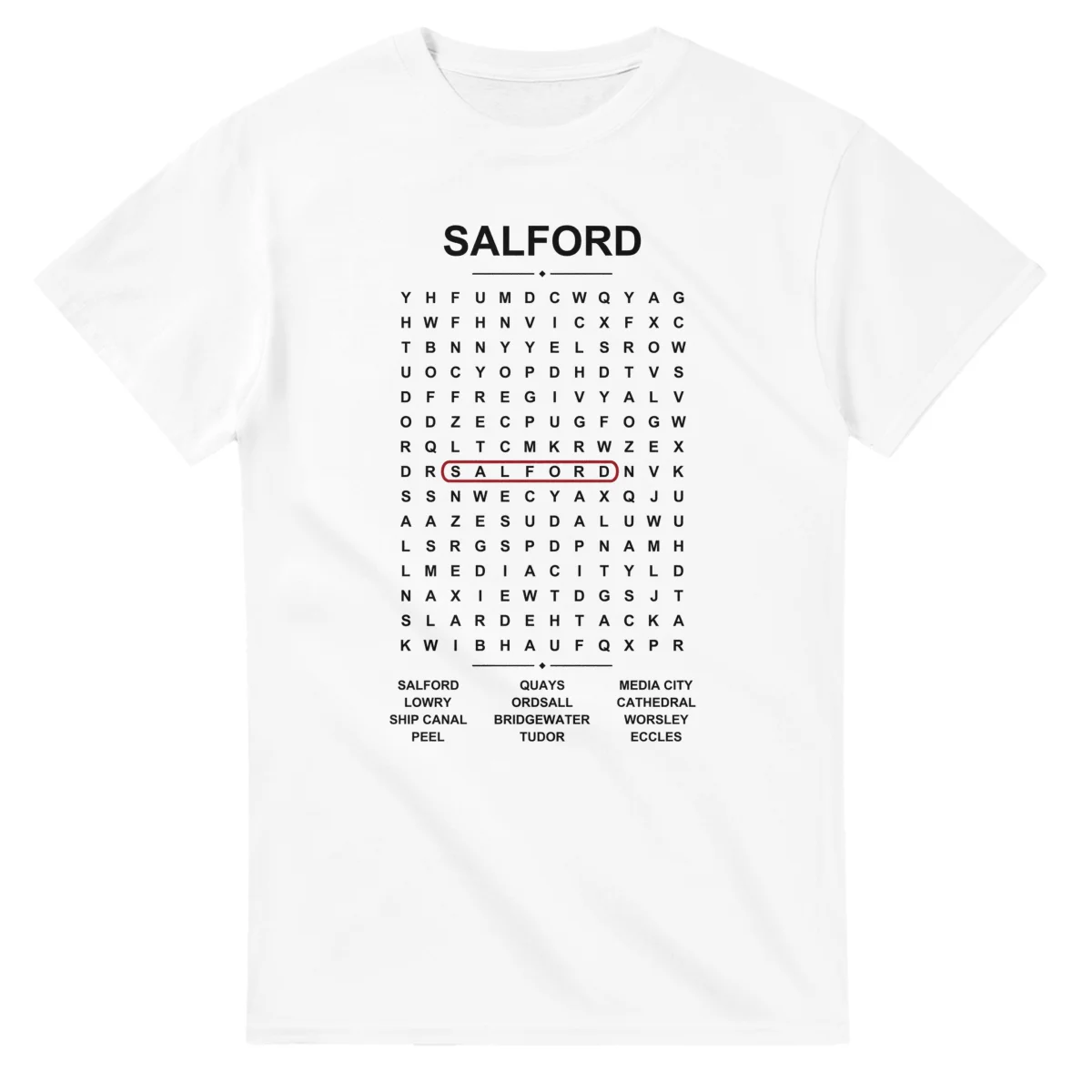 Word-search sheet for Salford, with a large place-name heading, a letter grid, a local answer list, and a red highlighted example word.