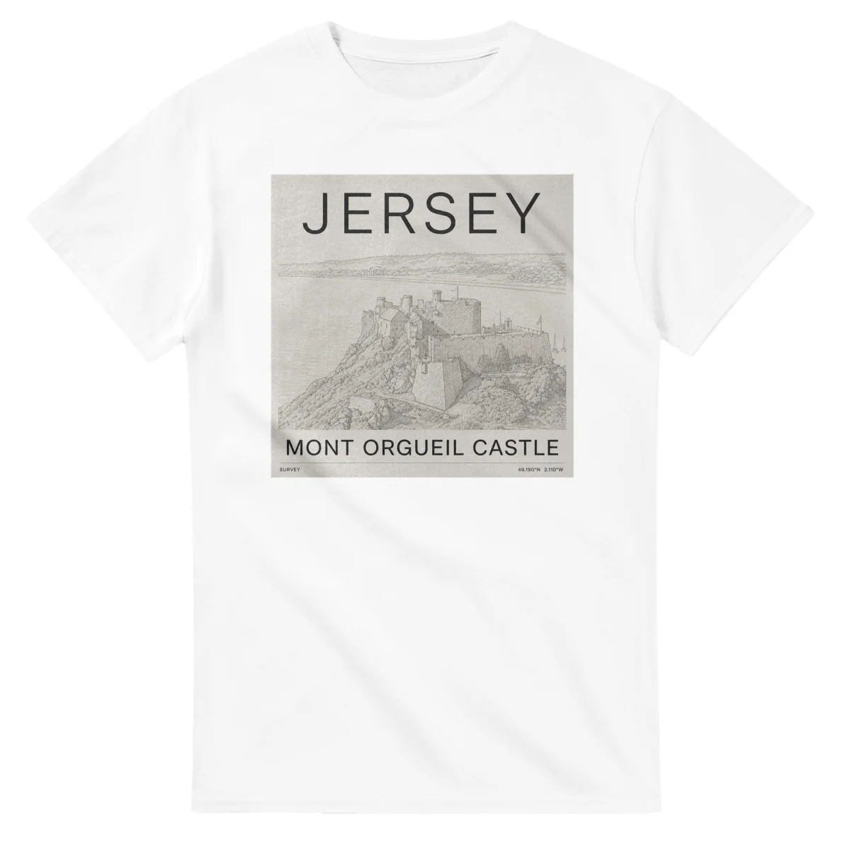 Fine-line engraving-style drawing for Jersey, with a landmark caption and small coordinate text.