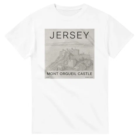 Fine-line engraving-style drawing for Jersey, with a landmark caption and small coordinate text.