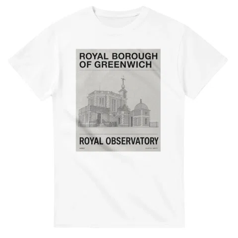 Fine-line engraving-style drawing for Royal Borough of Greenwich, with a landmark caption and small coordinate text.