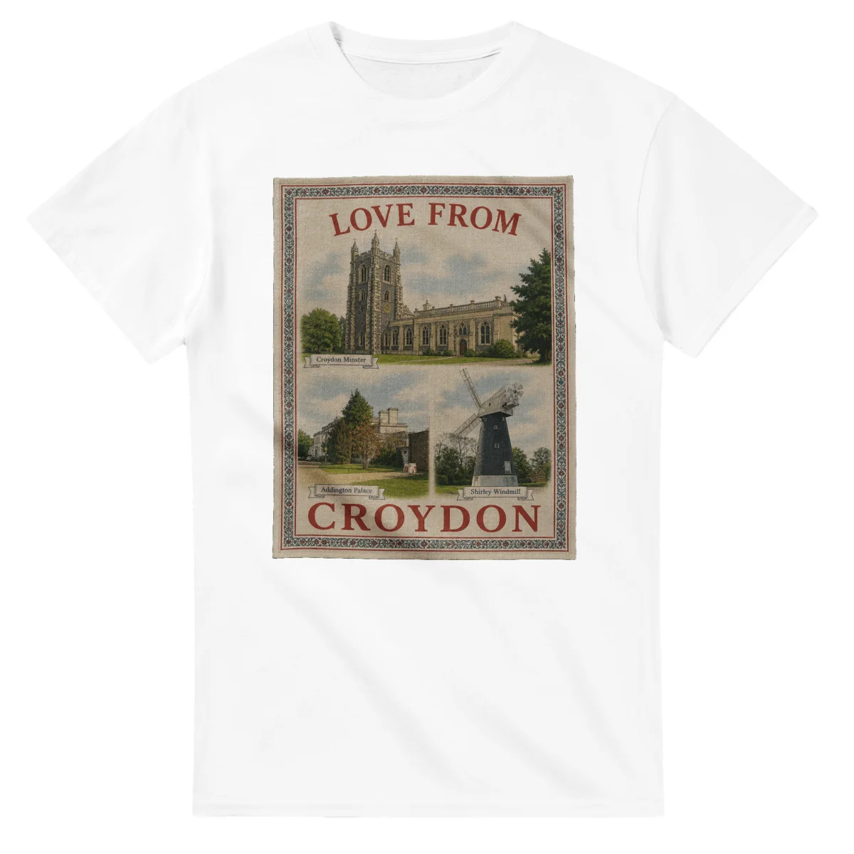 Framed scenic design for Croydon, with several local views, a decorative border and LOVE FROM lettering.
