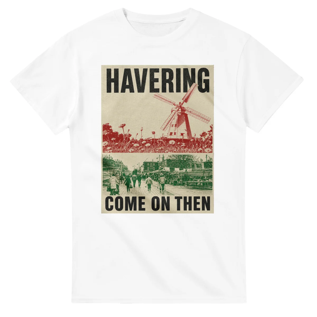 Two-colour scenic illustration for London Borough of Havering, with the place name and COME ON THEN lettering.