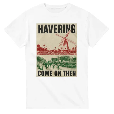 Two-colour scenic illustration for London Borough of Havering, with the place name and COME ON THEN lettering.